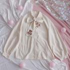 Bear Embroidered Tie-neck Blouse
