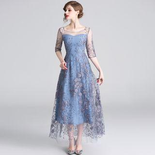 Flower Embroidered 3/4-sleeve A-line Maxi Mesh Dress