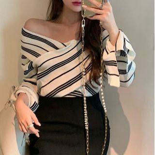 Off-shoulder Striped Bell-sleeve Knit Top