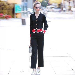Set: Color Block Cardigan + Wide Leg Knit Pants