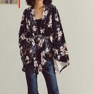 Flower Print Open Front Tie Waist Jacket As Shown In Figure - One Size