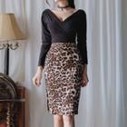 Set: Long-sleeve V-neck Top + Animal Print Fitted Skirt
