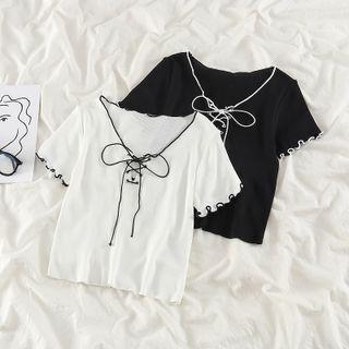 Lace-up Lettuce Edge Knit Crop Top