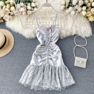 Spaghetti Strap Lace Panel Drawstring Sheath Dress