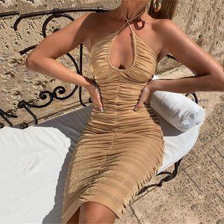 Halter-neck Cutout Ruched Midi Bodycon Dress