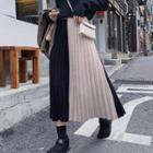Color Block A-line Midi Knit Pleated Skirt As Shown In Figure - One Size