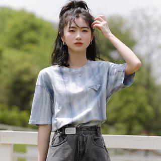 Elbow-sleeve Tie Dye T-shirt Airy Blue - One Size