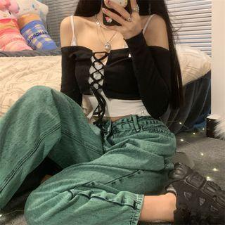 Long-sleeve Off-shoulder Lace-up Crop Top / Frill Trim Camisole Top