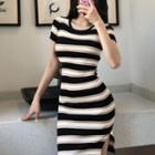 Short-sleeve Striped Ribbed Midi Knit Dress