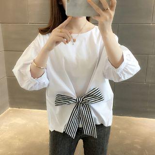 Balloon-sleeve Striped Bow Blouse