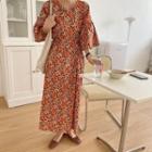 3/4-sleeve Floral Print Midi Dress Orange & Green & Red - One Size