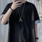 Elbow-sleeve Plaid Trim T-shirt