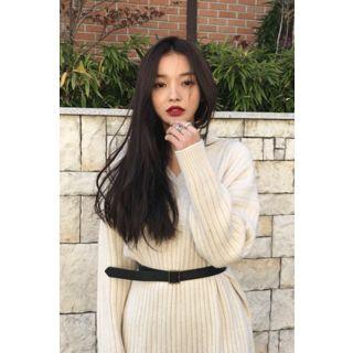 V-neck Ribbed Knit Dress With Belt
