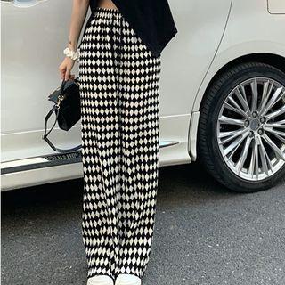 Elbow-sleeve Slit T-shirt / Argyle High Waist Wide Leg Pants