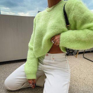 Vivid-color Cropped Fluffy Sweater