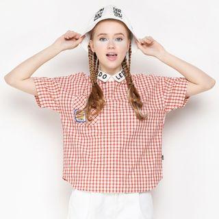 Lettering Collar Gingham Short-sleeve Blouse