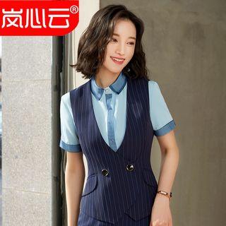 Striped Button Vest / Mini Pencil Skirt / Slim-cut Dress Pants / Long-sleeve Shirt / Set