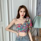 Short-sleeve Floral Print One-shoulder Crop Top Green & Pink & Blue - One Size