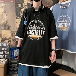 Mock Two-piece Short-sleeve Mountain Print T-shirt