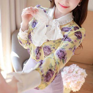 Contrast Tie-neck Frilled Rosette Blouse