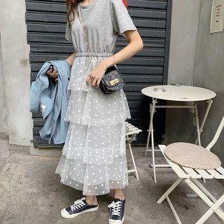 Dotted Mesh A-line Maxi Tiered Skirt