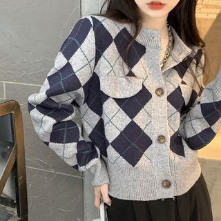 Pocket-detail Argyle Long-sleeve Cardigan