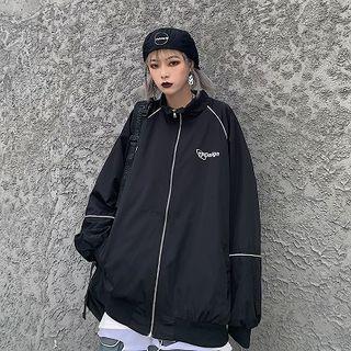 Plain Loose-fit Panel Long-sleeve Zip Jacket