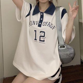 Elbow-sleeve Lettering Polo Shirt Blue & White - One Size