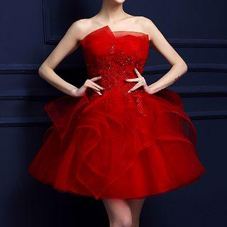 Mesh-layered Strapless Party Dress