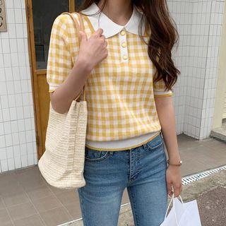 Collared Gingham Knit Top Yellow - One Size