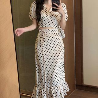 Set: Puff-sleeve Dotted Top + Midi A-line Skirt