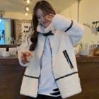 Stand-collar Contrast Trim Faux Shearling Jacket White - One Size