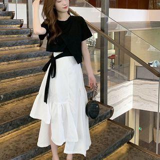 Set: Tie-waist Short-sleeve T-shirt + Irregular Hem Midi A-line Skirt