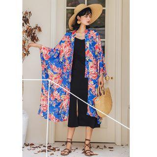 Flower Print 3/4-sleeve Open Front Long Jacket