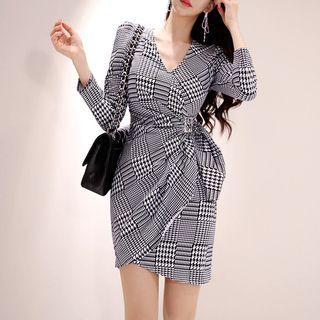 Long-sleeve Houndstooth Mini Sheath Dress