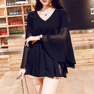 Plain Chiffon V-neck Long Sleeve Tunic