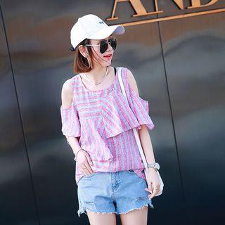 Cut Out Shoulder Striped Short Sleeve Blouse
