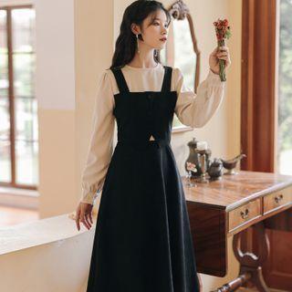 Mock Two-piece Long-sleeve Two-tone Corduroy Midi A-line Dress