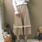 Furry-trim Midi A-line Pleated Velvet Skirt