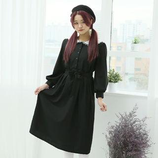 Long Shirtwaist Dress With Tie Black - One Size