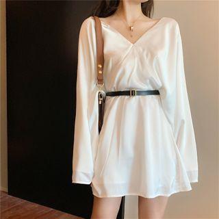 V-neck Long-sleeve Mini Shift Dress White - One Size