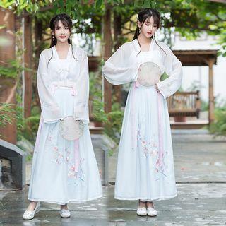 Set: Flower Embroidered Tie-front Jacket + Camisole + A-line Maxi Skirt