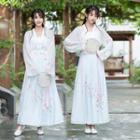 Set: Flower Embroidered Tie-front Jacket + Camisole + A-line Maxi Skirt