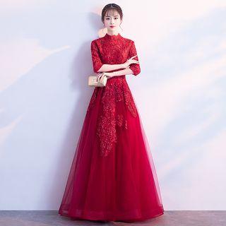 Elbow-sleeve Sequined A-line Evening Gown
