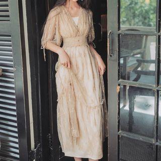 Set: V-neck Elbow-sleeve Midi A-line Dress + Slipdress