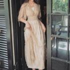 Set: V-neck Elbow-sleeve Midi A-line Dress + Slipdress
