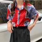 Printed Short-sleeve Blouse Red - One Size