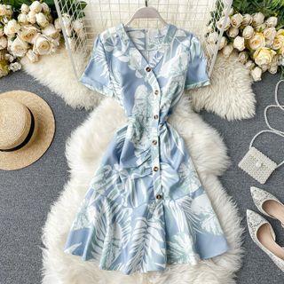 Short-sleeve Button-up Floral Print A-line Dress
