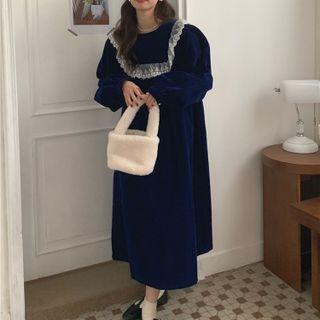 Puff-sleeve Lace Trim Midi Shift Dress