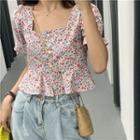 Short-sleeve Frill Trim Floral Buttoned Top
